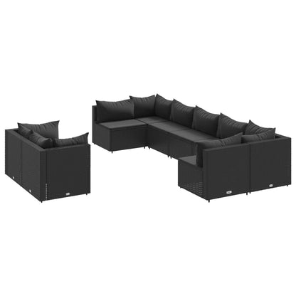 9-tlg. Garten-Sofagarnitur mit Kissen Schwarz Poly Rattan