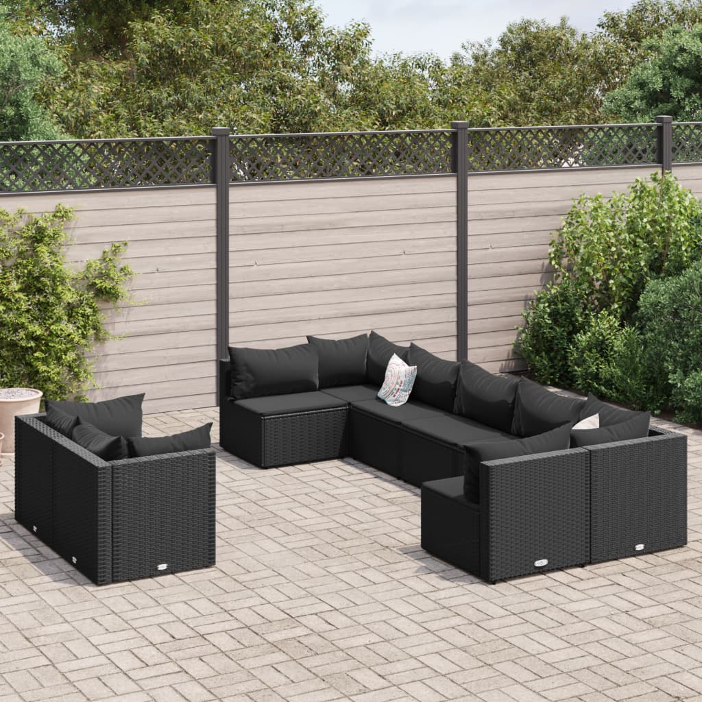 9-tlg. Garten-Sofagarnitur mit Kissen Schwarz Poly Rattan