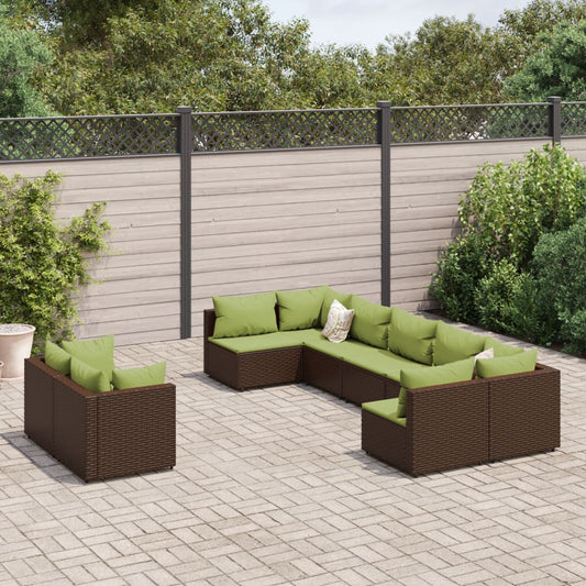 9-tlg. Garten-Sofagarnitur mit Kissen Braun Poly Rattan