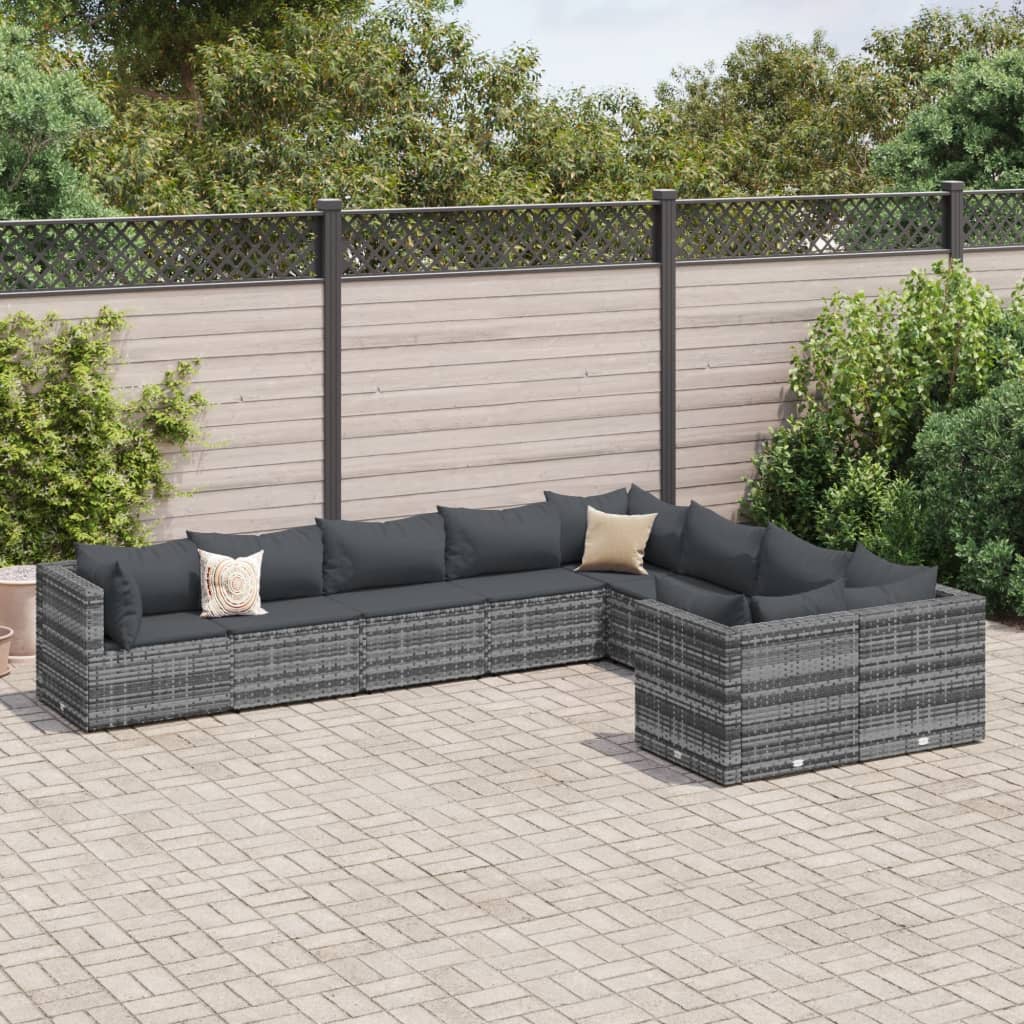 9-tlg. Garten-Sofagarnitur mit Kissen Grau Poly Rattan