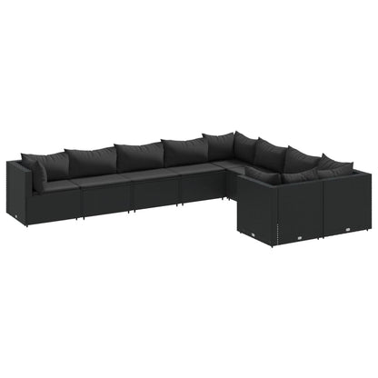 9-tlg. Garten-Sofagarnitur mit Kissen Schwarz Poly Rattan