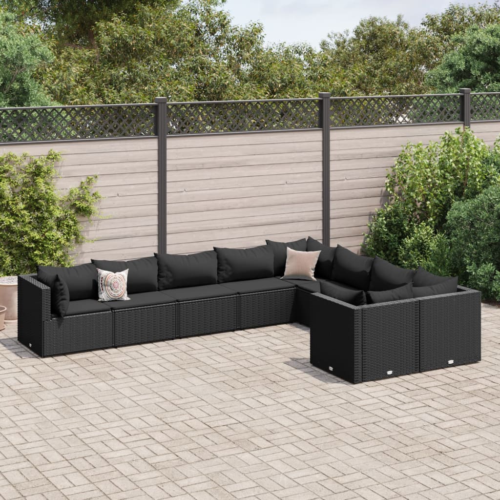 9-tlg. Garten-Sofagarnitur mit Kissen Schwarz Poly Rattan