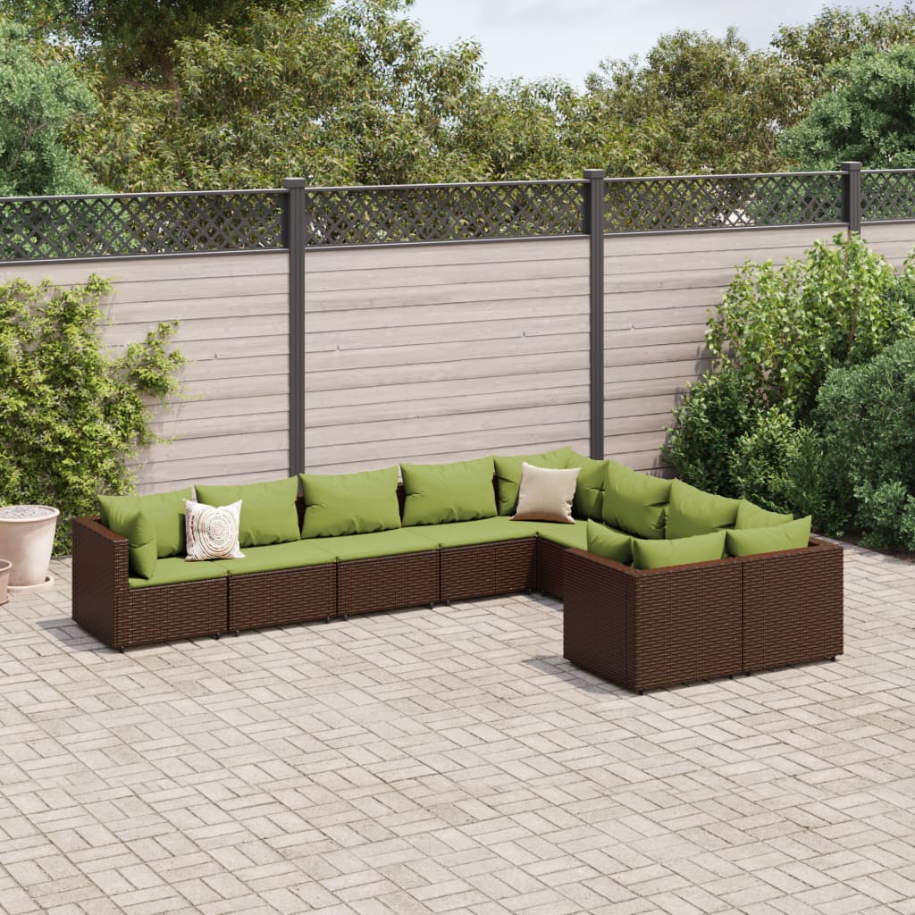 9-tlg. Garten-Sofagarnitur mit Kissen Braun Poly Rattan