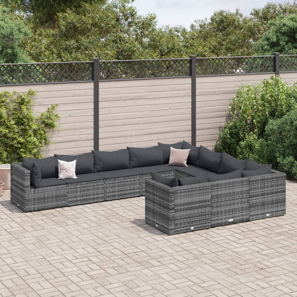 10-tlg. Garten-Sofagarnitur mit Kissen Grau Poly Rattan