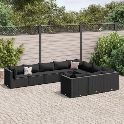 10-tlg. Garten-Sofagarnitur mit Kissen Schwarz Poly Rattan