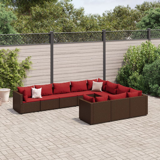 10-tlg. Garten-Sofagarnitur mit Kissen Braun Poly Rattan