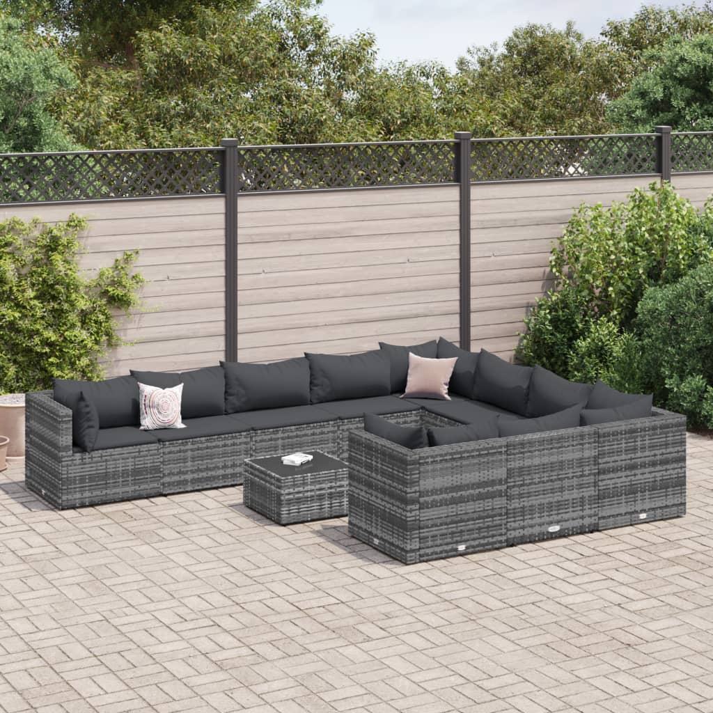 11-tlg. Garten-Sofagarnitur mit Kissen Grau Poly Rattan