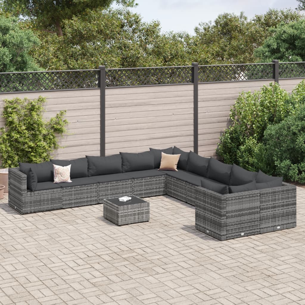 11-tlg. Garten-Sofagarnitur mit Kissen Grau Poly Rattan