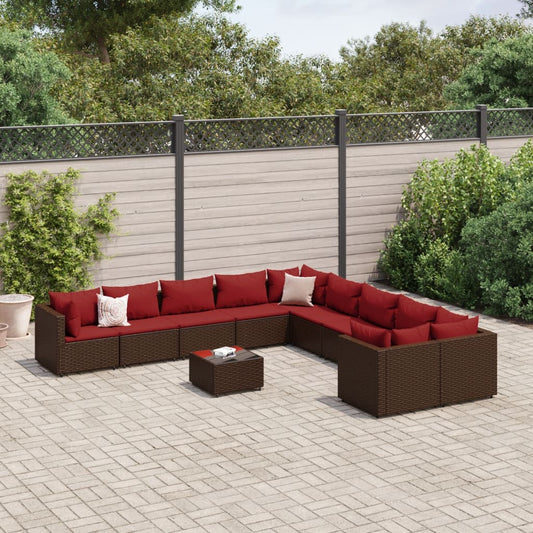 11-tlg. Garten-Sofagarnitur mit Kissen Braun Poly Rattan