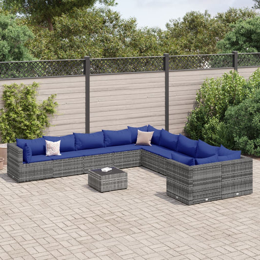 11-tlg. Garten-Sofagarnitur mit Kissen Grau Poly Rattan