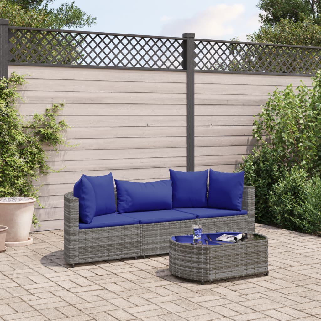 4-tlg. Garten-Sofagarnitur mit Kissen Grau Poly Rattan