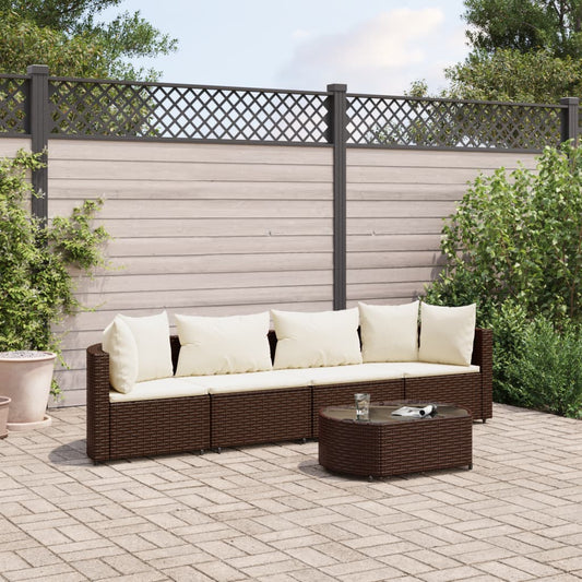 5-tlg. Garten-Sofagarnitur mit Kissen Braun Poly Rattan