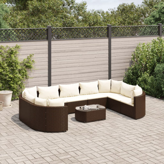 10-tlg. Garten-Sofagarnitur mit Kissen Braun Poly Rattan