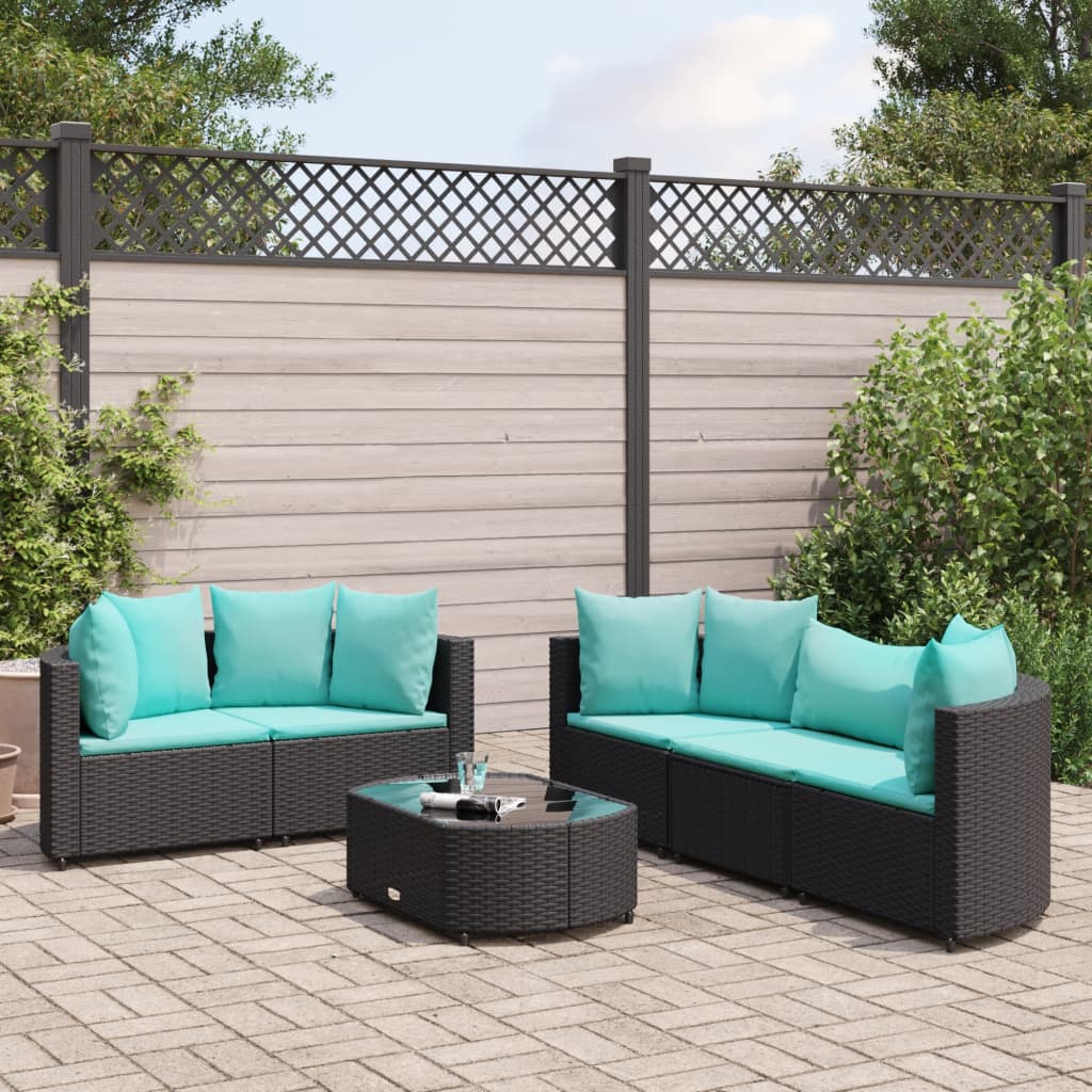 6-tlg. Garten-Sofagarnitur mit Kissen Schwarz Poly Rattan