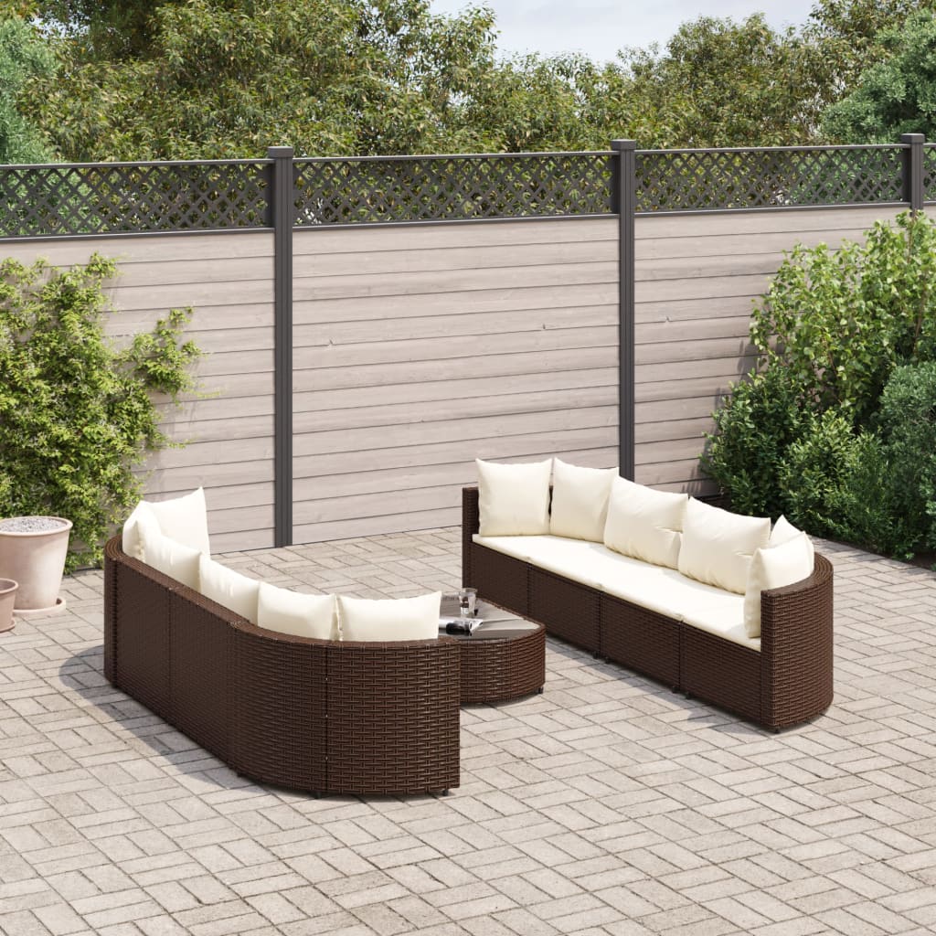 9-tlg. Garten-Sofagarnitur mit Kissen Braun Poly Rattan