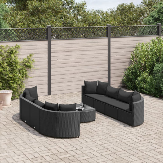 9-tlg. Garten-Sofagarnitur mit Kissen Schwarz Poly Rattan