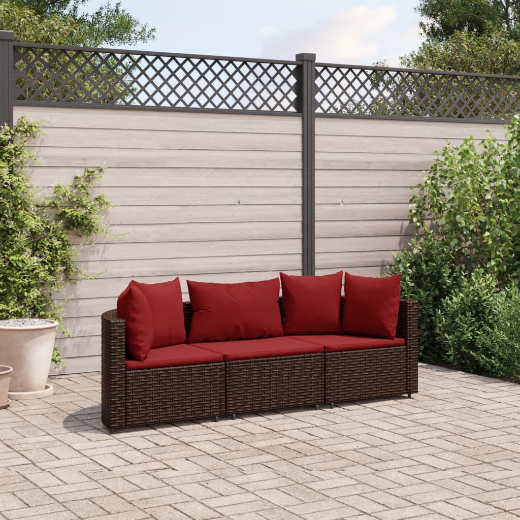 3-tlg. Garten-Sofagarnitur mit Kissen Braun Poly Rattan