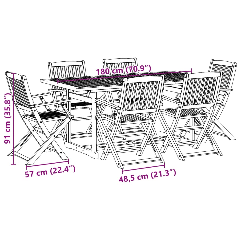 7-tlg. Garten-Essgruppe 180x90x75 cm Massivholz Akazie