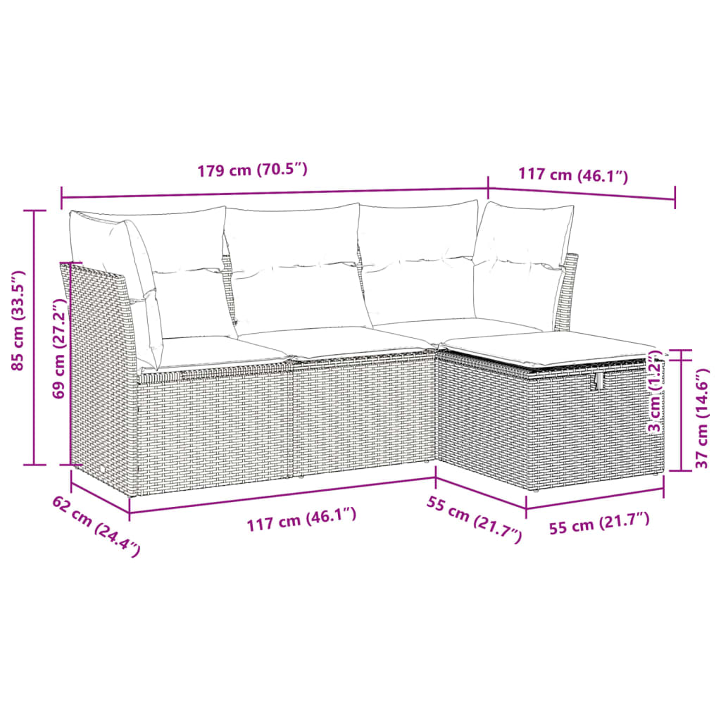 4-tlg. Garten-Sofagarnitur mit Kissen Grau Poly Rattan