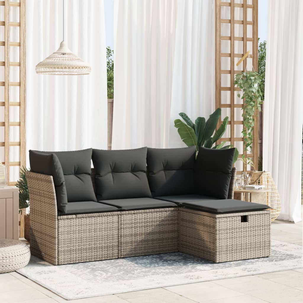 4-tlg. Garten-Sofagarnitur mit Kissen Grau Poly Rattan