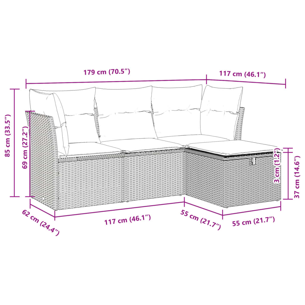 4-tlg. Garten-Sofagarnitur mit Kissen Hellgrau Poly Rattan