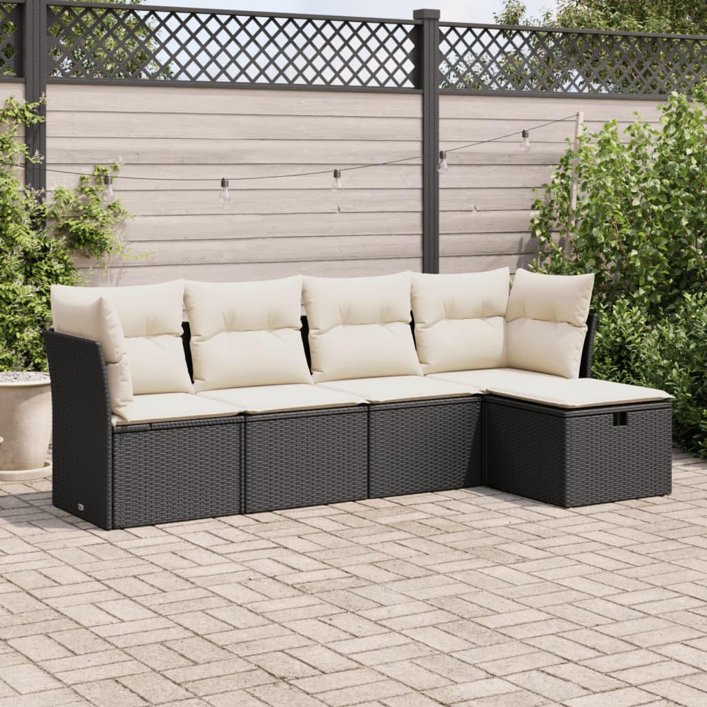 5-tlg. Garten-Sofagarnitur mit Kissen Schwarz Poly Rattan