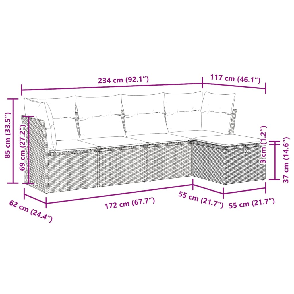 5-tlg. Garten-Sofagarnitur mit Kissen Hellgrau Poly Rattan