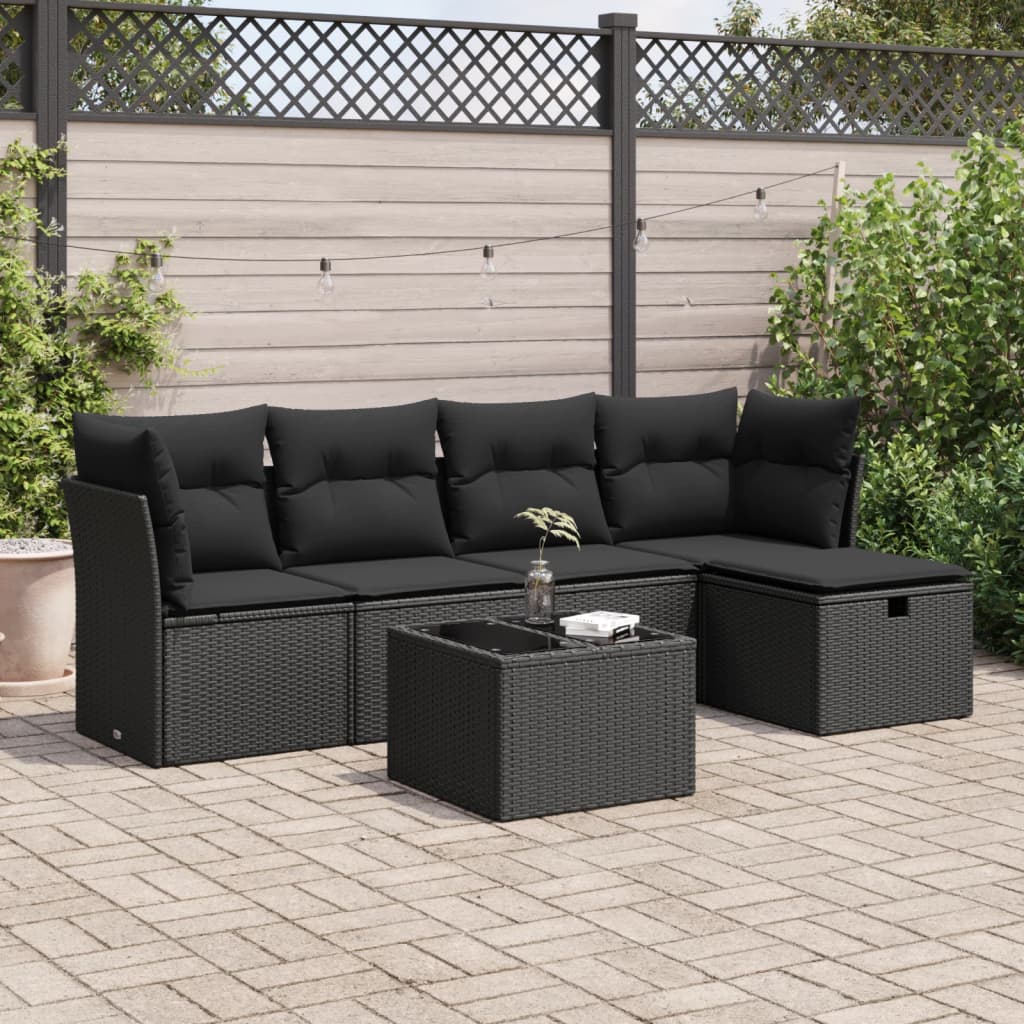 6-tlg. Garten-Sofagarnitur mit Kissen Schwarz Poly Rattan