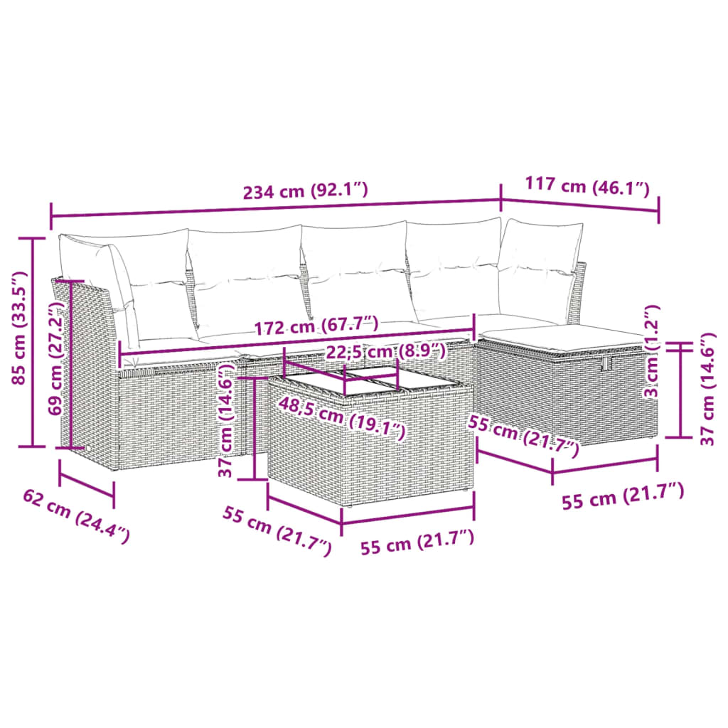 6-tlg. Garten-Sofagarnitur mit Kissen Schwarz Poly Rattan