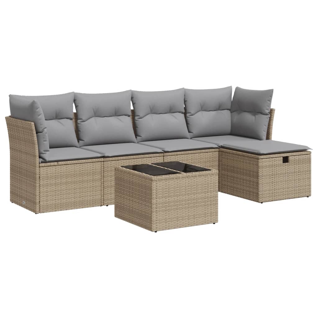 6-tlg. Garten-Sofagarnitur mit Kissen Beige Poly Rattan