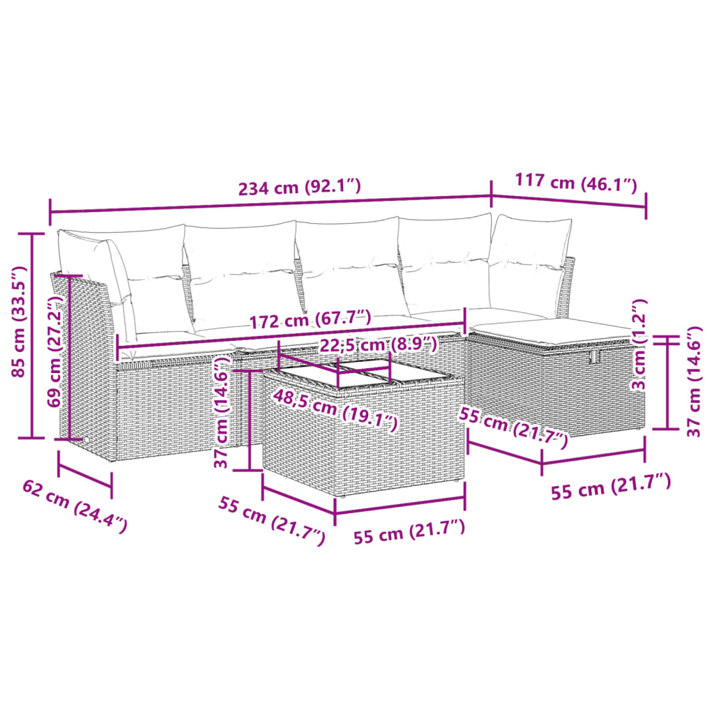 6-tlg. Garten-Sofagarnitur mit Kissen Grau Poly Rattan