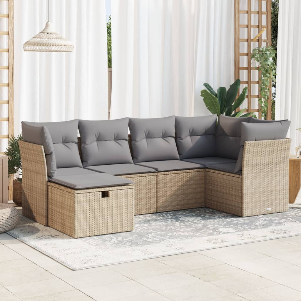 6-tlg. Garten-Sofagarnitur mit Kissen Beige Poly Rattan