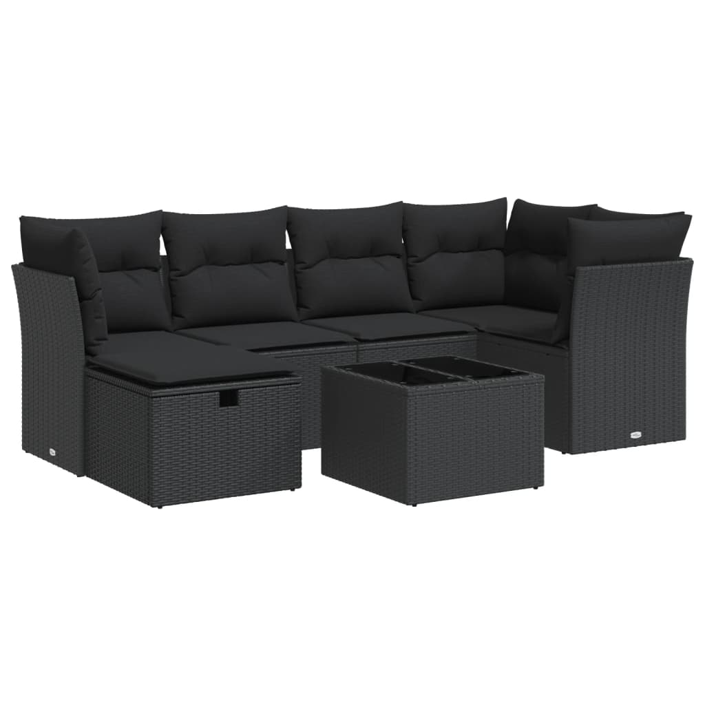 7-tlg. Garten-Sofagarnitur mit Kissen Schwarz Poly Rattan