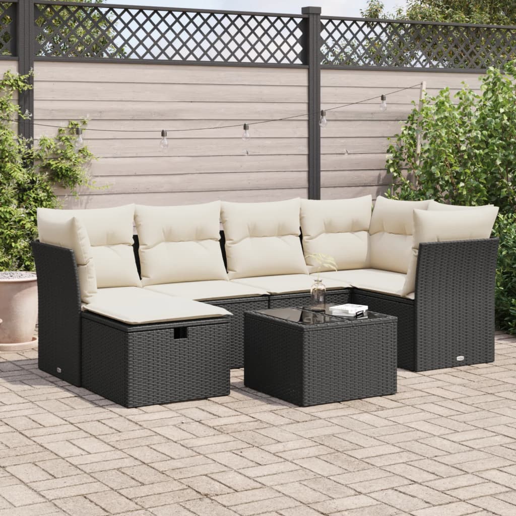 7-tlg. Garten-Sofagarnitur mit Kissen Schwarz Poly Rattan