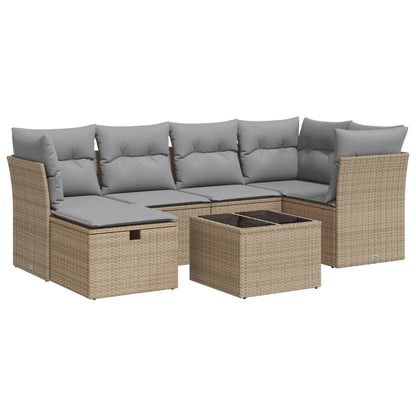 7-tlg. Garten-Sofagarnitur mit Kissen Beige Poly Rattan