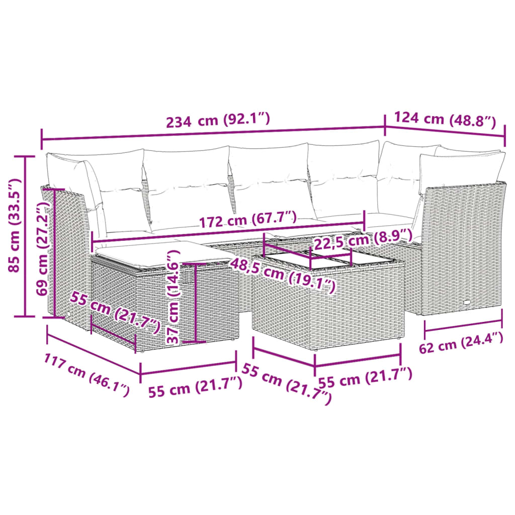 7-tlg. Garten-Sofagarnitur mit Kissen Beige Poly Rattan