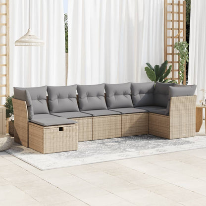 7-tlg. Garten-Sofagarnitur mit Kissen Beige Poly Rattan