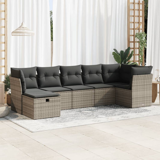 7-tlg. Garten-Sofagarnitur mit Kissen Grau Poly Rattan