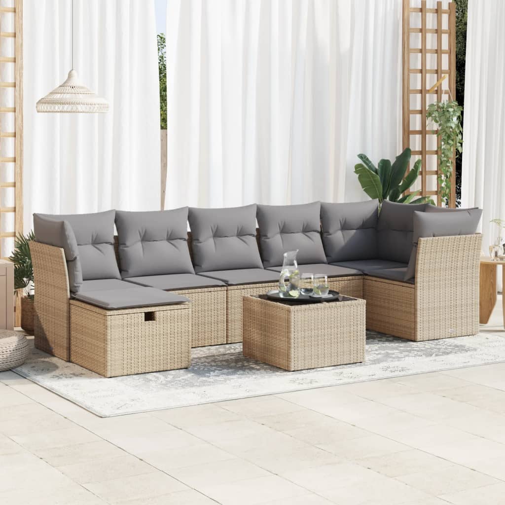 8-tlg. Garten-Sofagarnitur mit Kissen Beige Poly Rattan