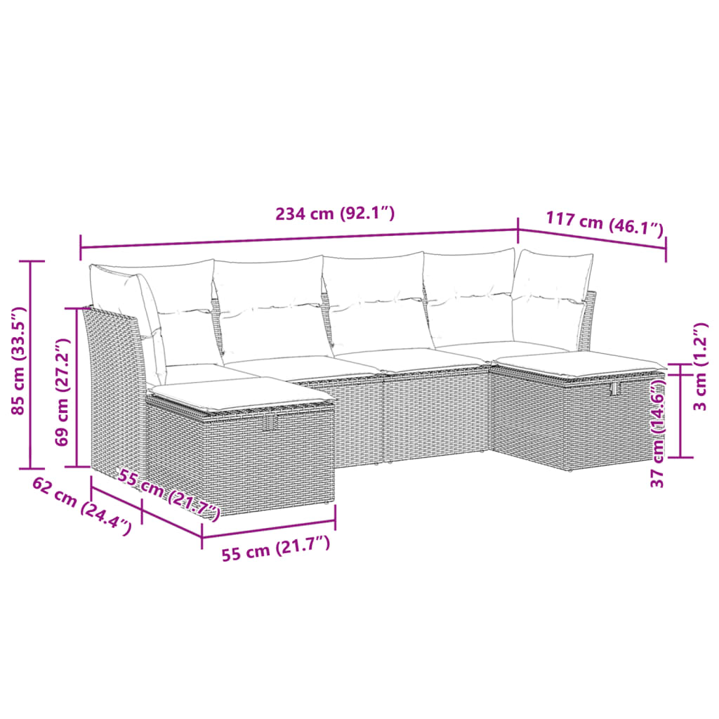 6-tlg. Garten-Sofagarnitur mit Kissen Beige Poly Rattan