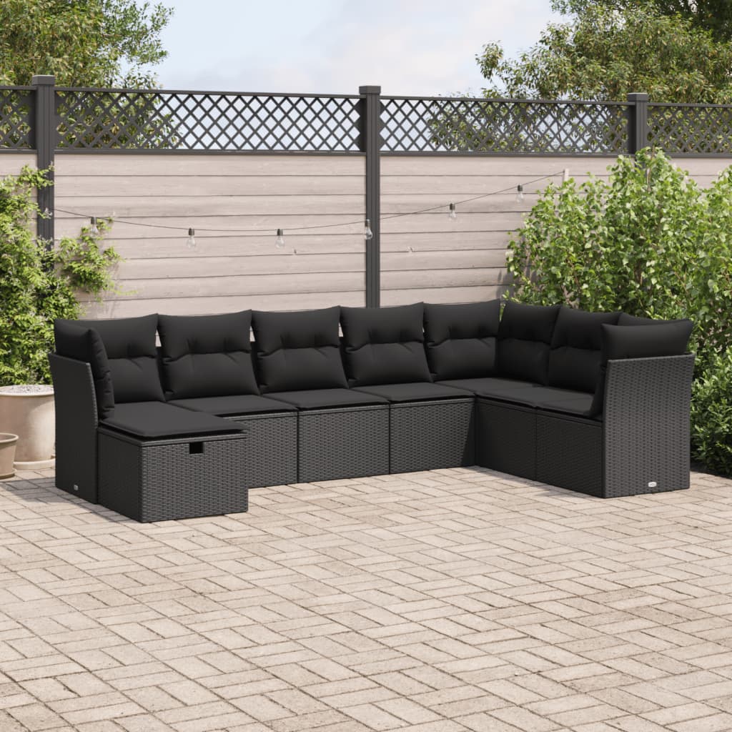 8-tlg. Garten-Sofagarnitur mit Kissen Schwarz Poly Rattan