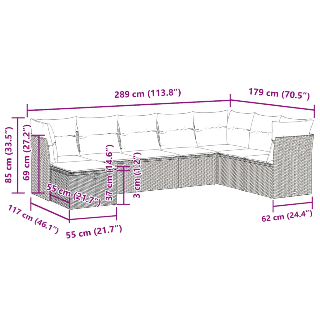 8-tlg. Garten-Sofagarnitur mit Kissen Hellgrau Poly Rattan