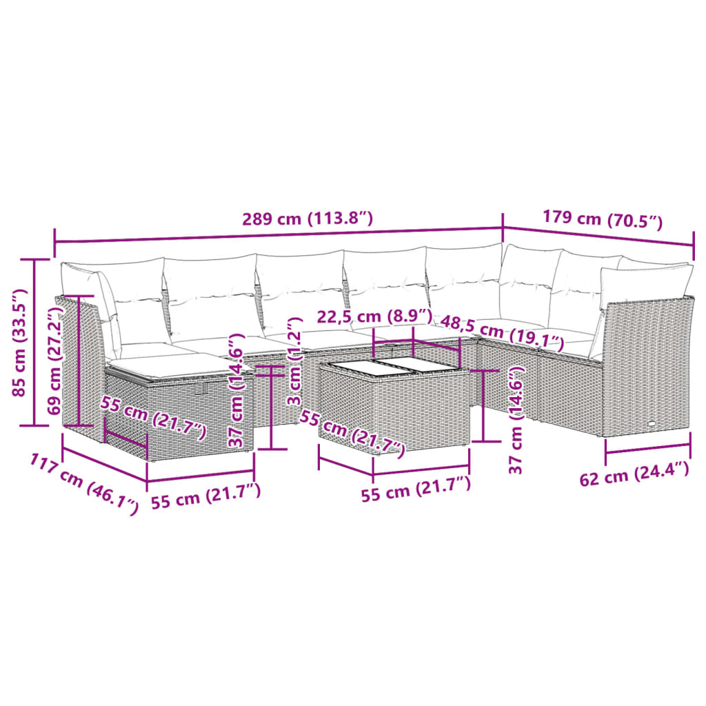 9-tlg. Garten-Sofagarnitur mit Kissen Beige Poly Rattan