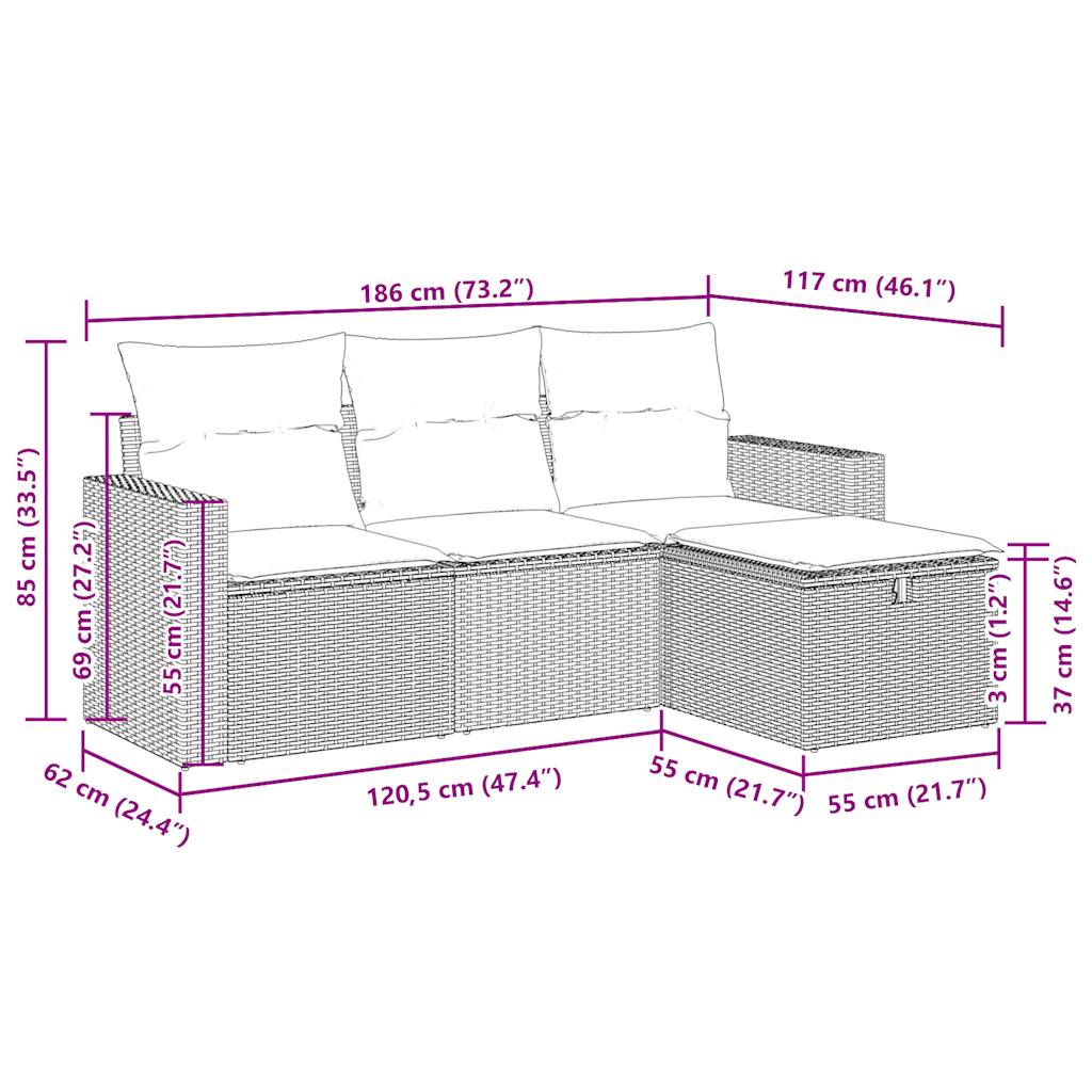 4-tlg. Garten-Sofagarnitur mit Kissen Beige Poly Rattan