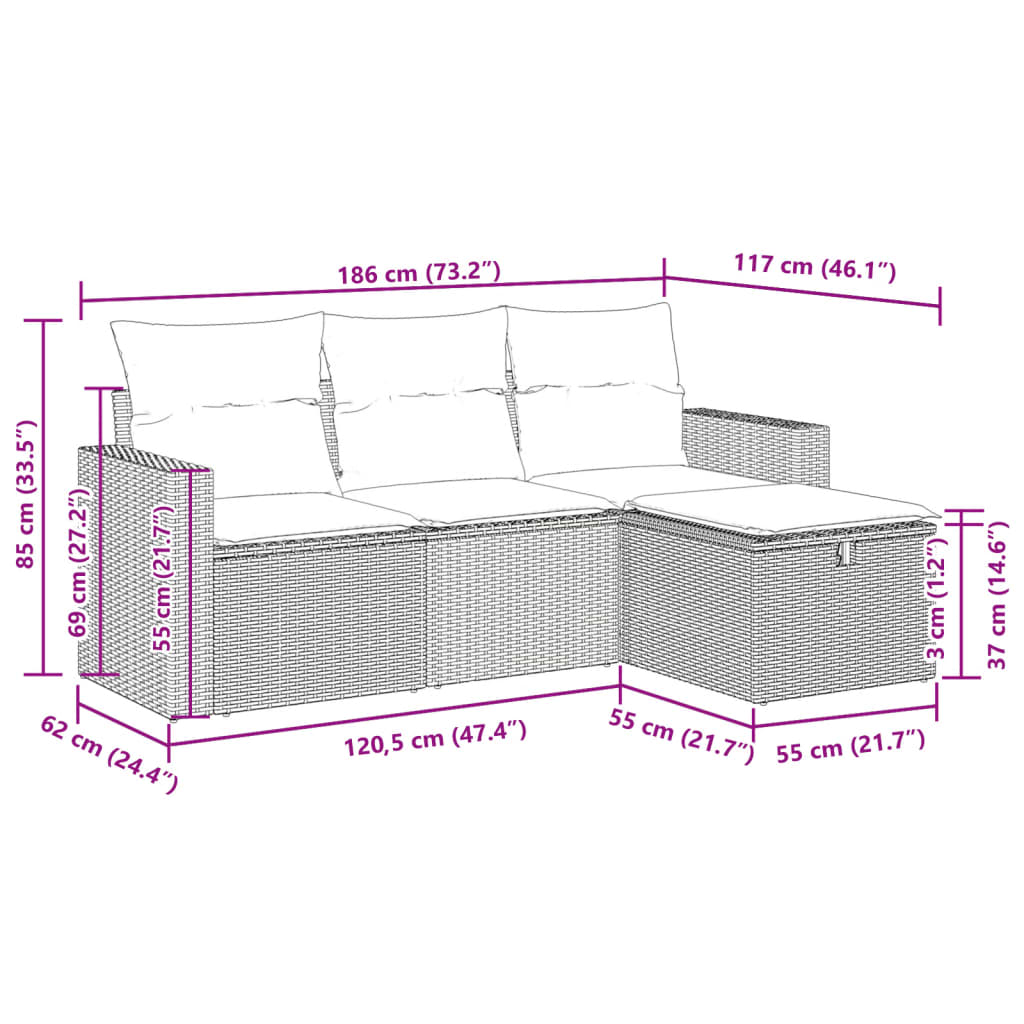 4-tlg. Garten-Sofagarnitur mit Kissen Grau Poly Rattan