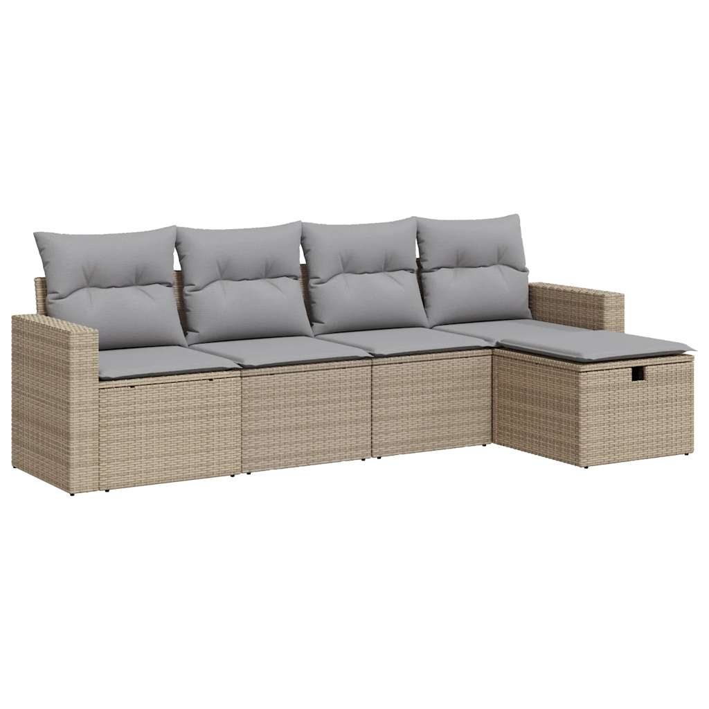 5-tlg. Garten-Sofagarnitur mit Kissen Beige Poly Rattan