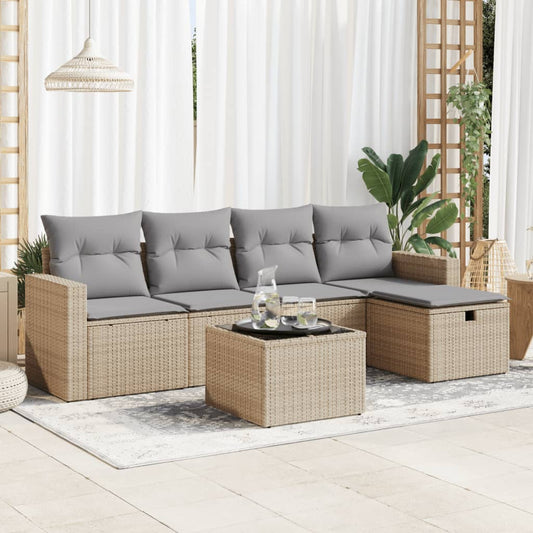 6-tlg. Garten-Sofagarnitur mit Kissen Beige Poly Rattan