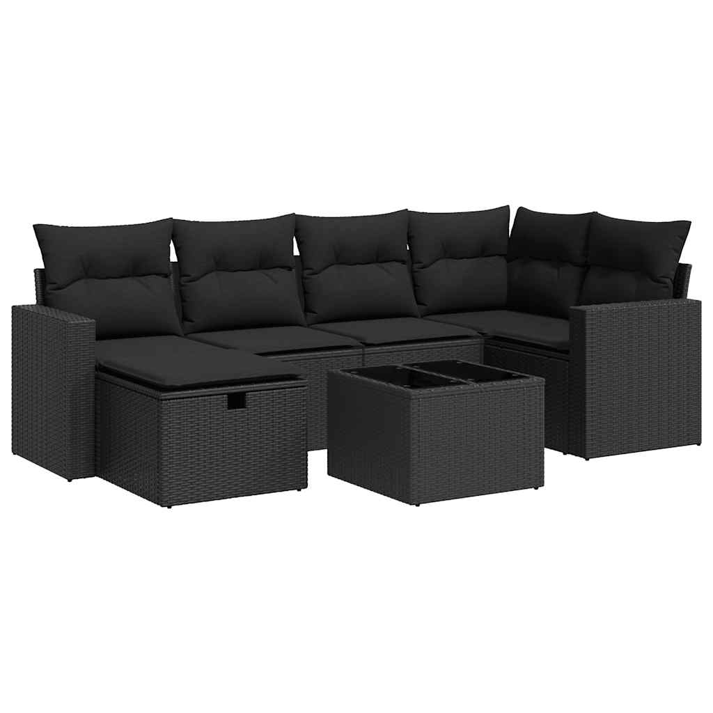 7-tlg. Garten-Sofagarnitur mit Kissen Schwarz Poly Rattan