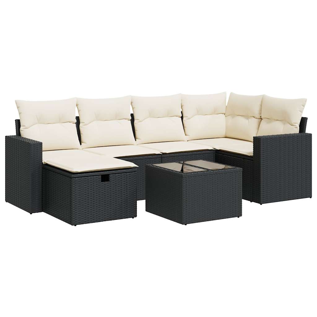 7-tlg. Garten-Sofagarnitur mit Kissen Schwarz Poly Rattan