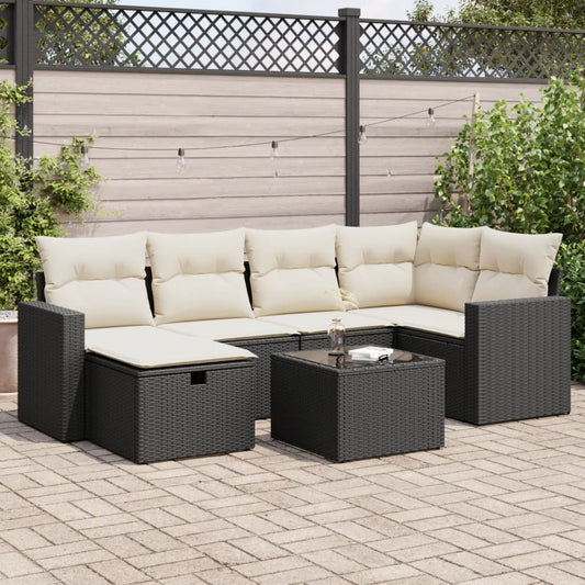 7-tlg. Garten-Sofagarnitur mit Kissen Schwarz Poly Rattan